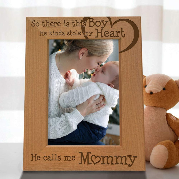 Boy Heart Mommy Engraved Wood Frame